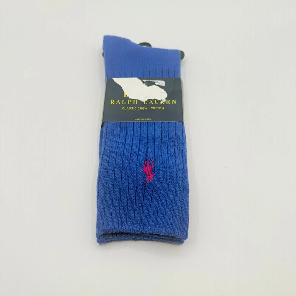 Polo Ralph Lauren Crew Socks Mens One Size Blue Pink Pony Logo Ribbed Cotton NEW